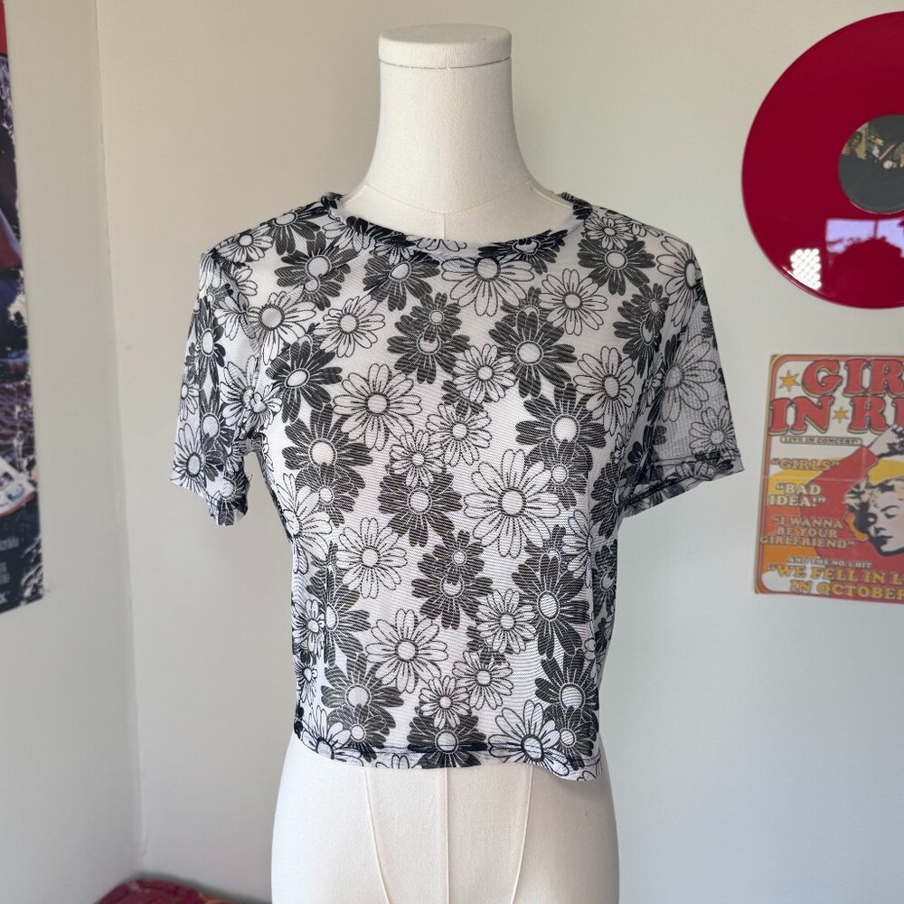 Urban Outfitters Black and White Floral Short Sleeve Mesh Casual Top